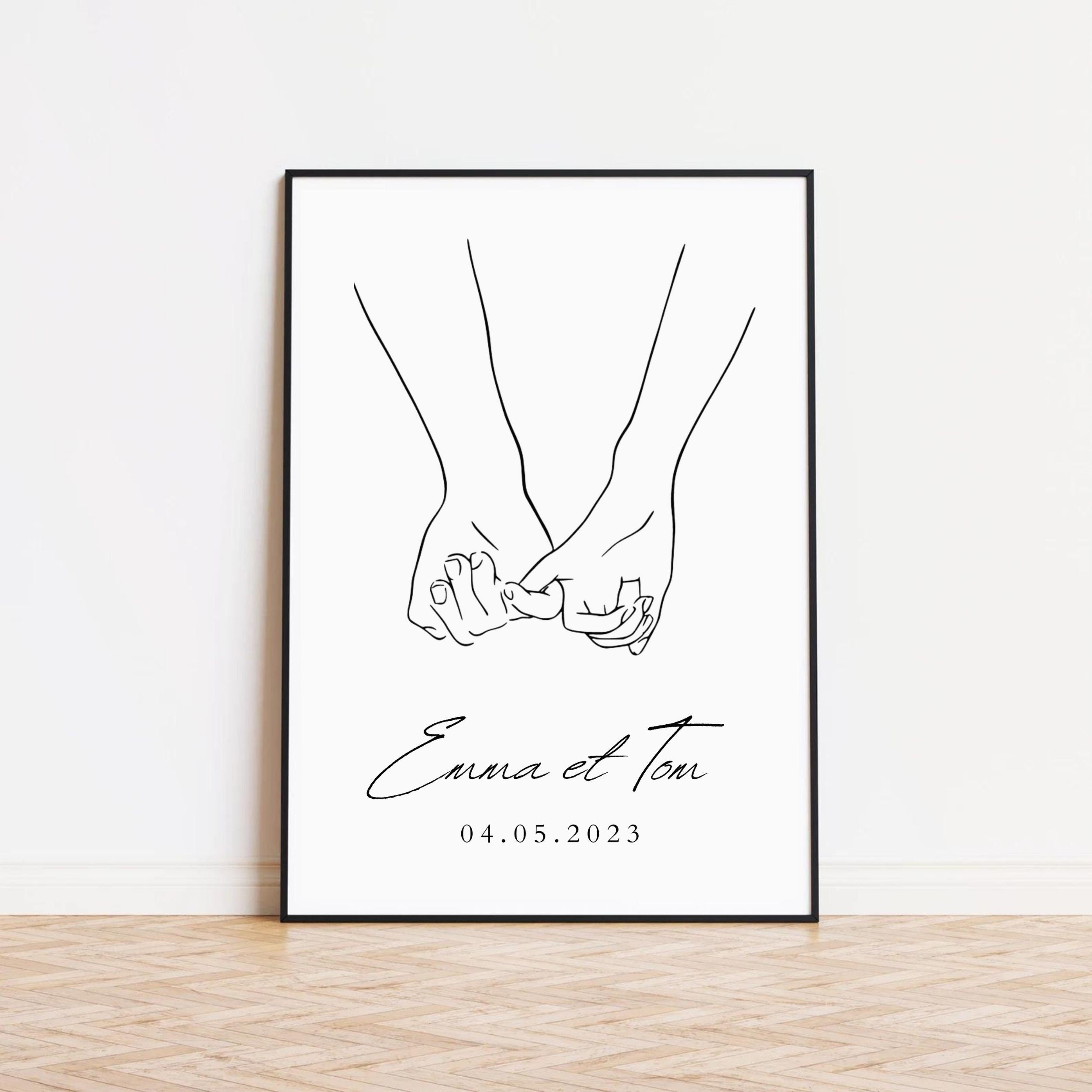 Affiche personnalisée couple - Illustration Mains "La Promesse"