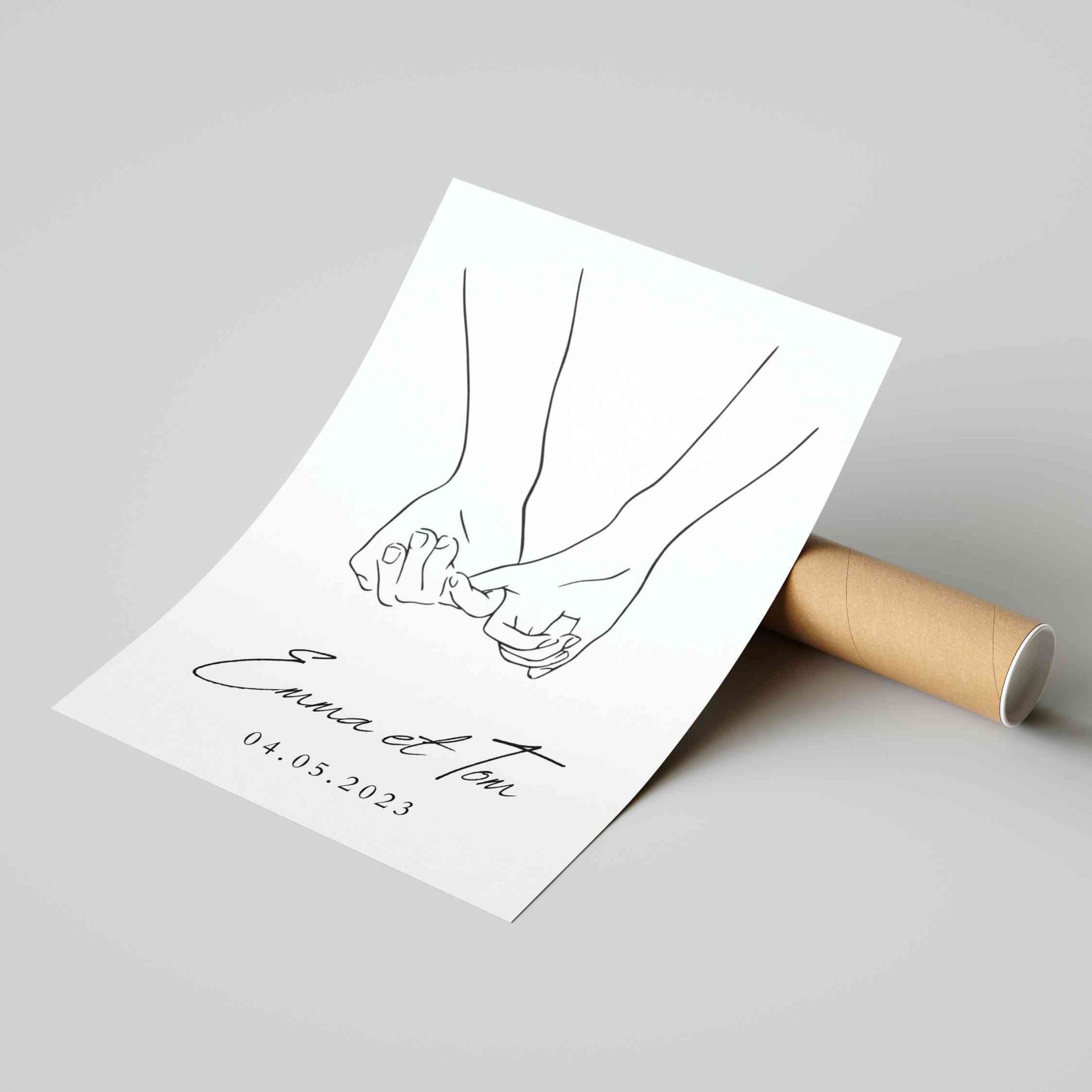 Affiche personnalisée couple - Illustration Mains "La Promesse"