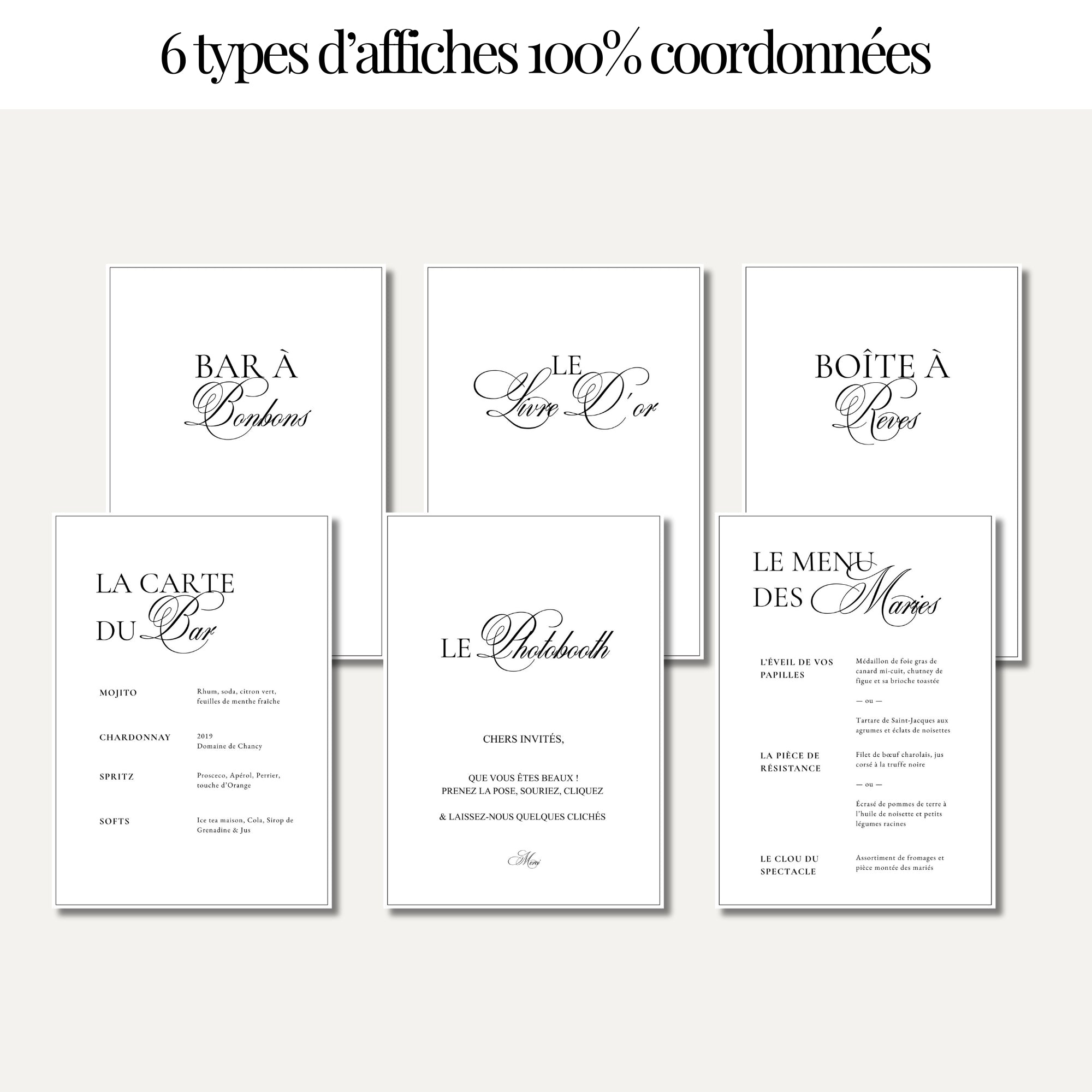 Pack de 6 affiches essentielles: livre d'or, photobooth, urne, menus, bar à bonbons... I Mariage