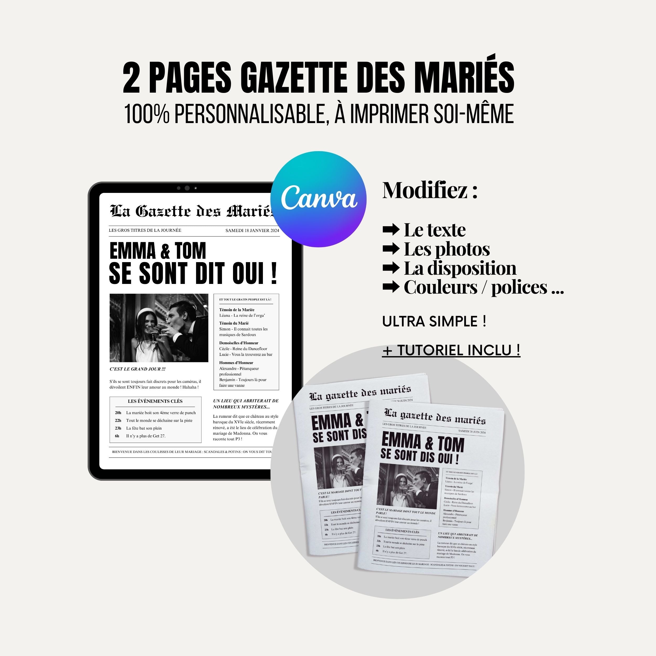 Gazette des mariés | 2 pages | Modèle à personnaliser