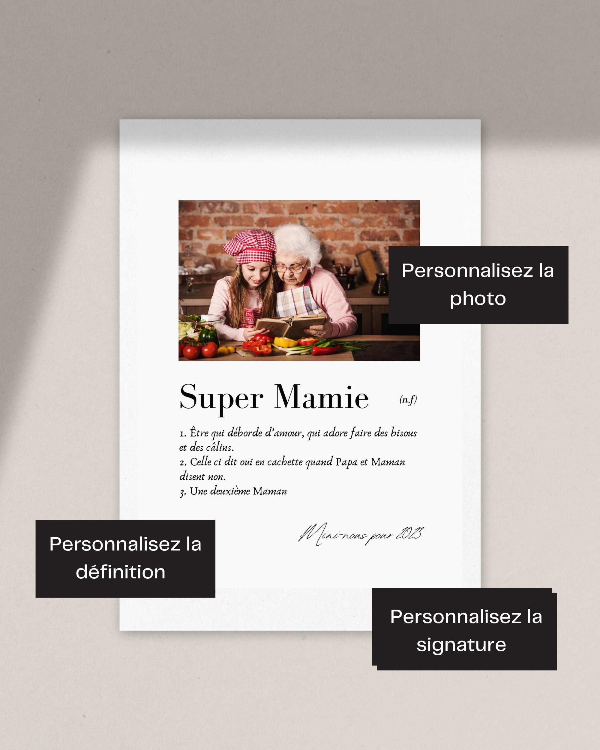 Affiche Mamie - Le cadre photo avec définition "Super Mamie" personnalisée