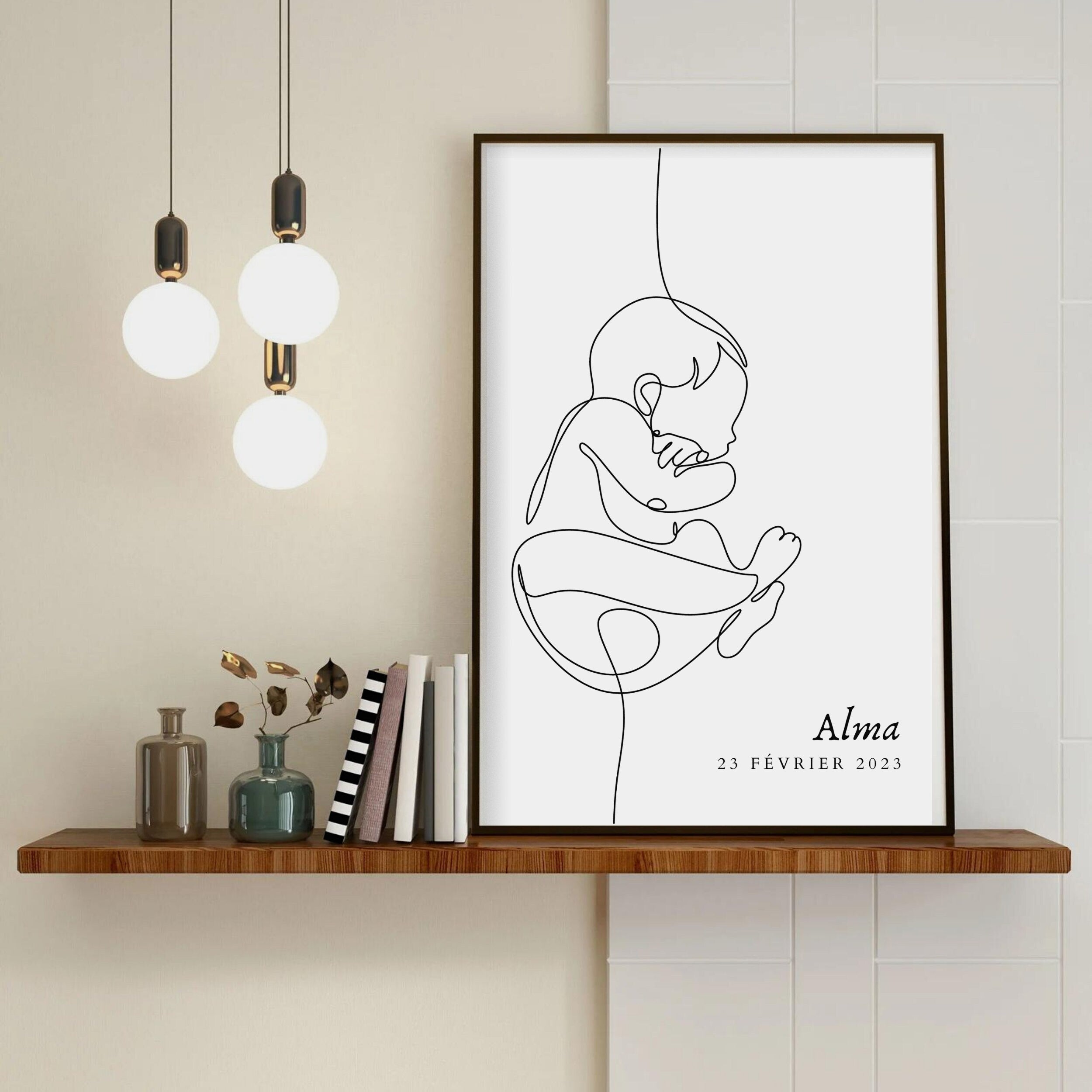 Affiche de Naissance - Illustration bébé minimaliste avec prénom & date