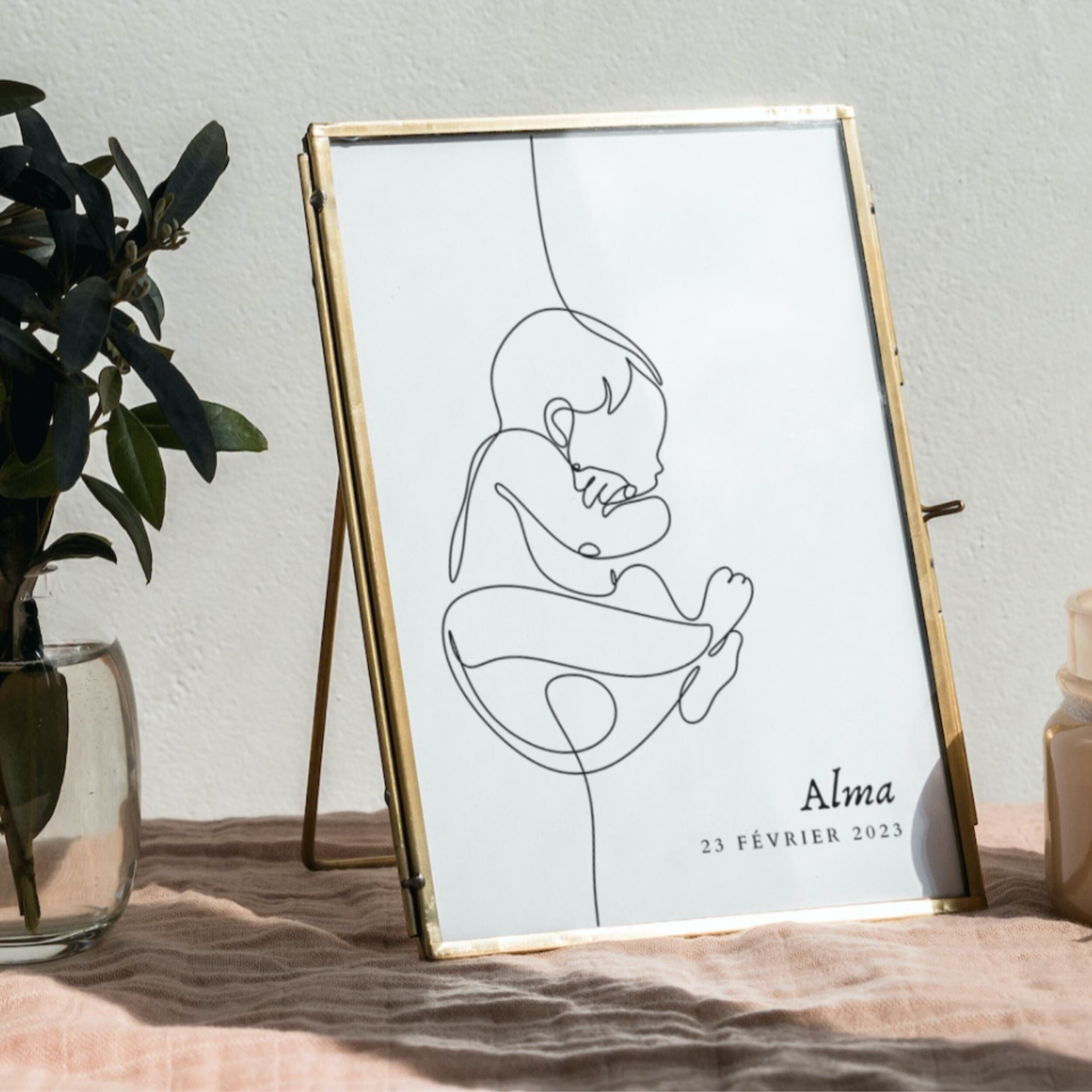 Affiche de Naissance - Illustration bébé minimaliste avec prénom & date